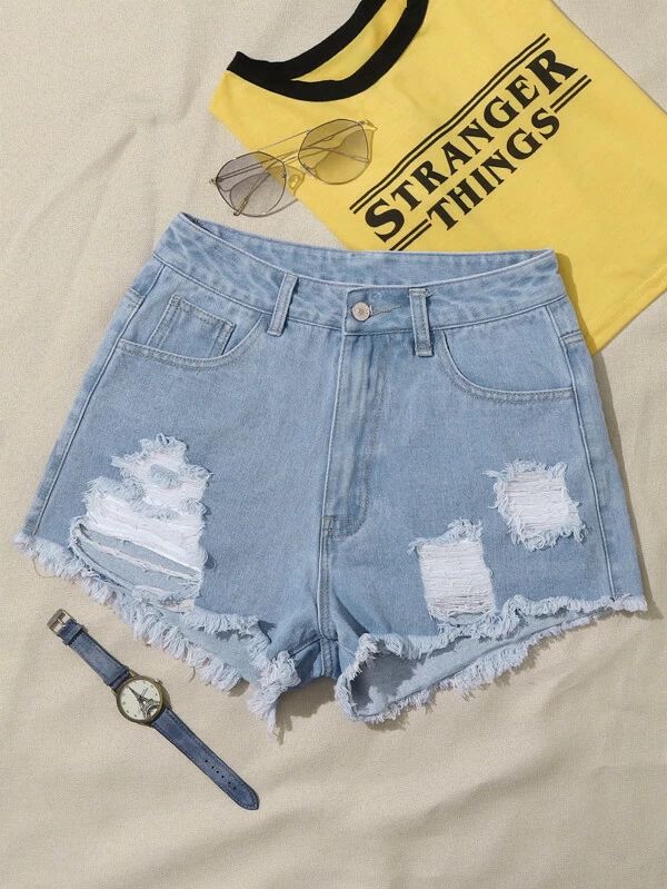 Raw Hem Ripped Denim Shorts | SHEIN