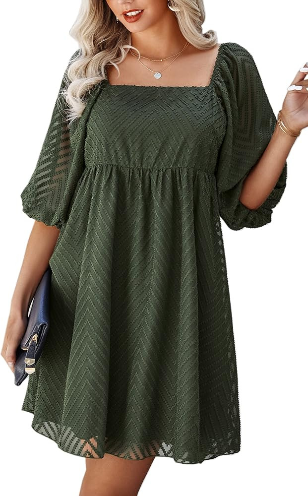 Angashion Women's Casual Lantern Sleeve Square Neck Pleated Dress Women Solid Color High Waist A-Lin | Amazon (US)