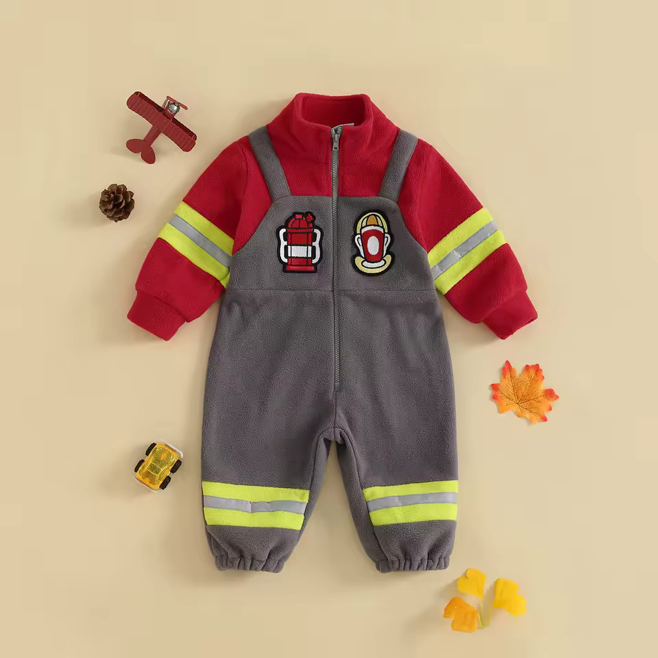 Baby Firefighter Costume Plush Romper Contrast Color Embroidery Long Sleeve Zip Up Jumpsuit | AliExpress (US)