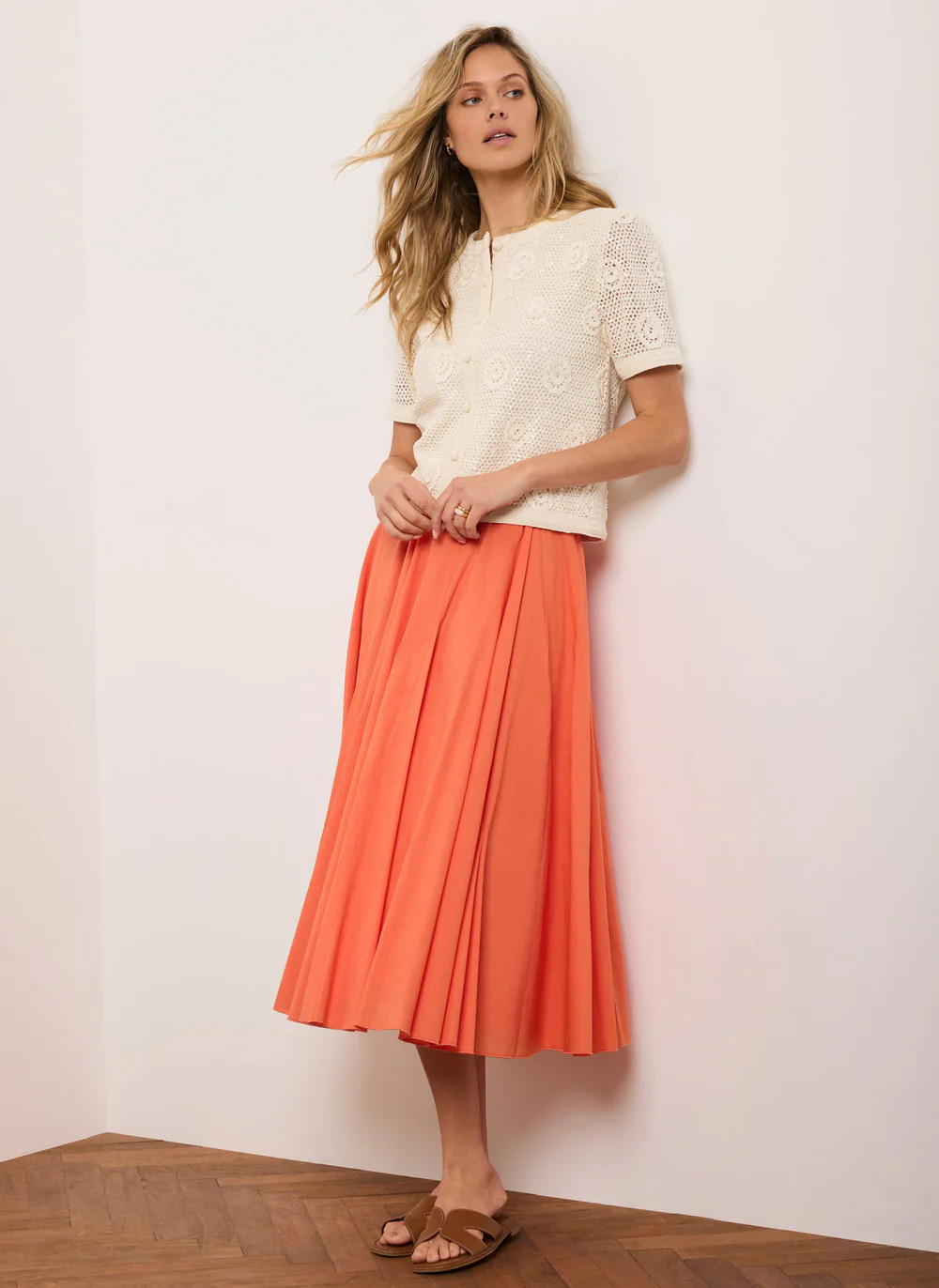 Orange Cotton Full Midi Skirt | Mint Velvet