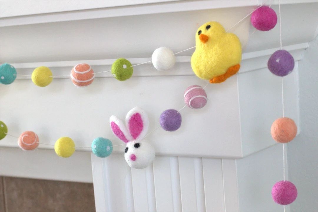 Bunny & Chick Easter Felt Garland- Felt Balls, Swirls Dots- Bright Colors - Spring- Party Decor- ... | Etsy (US)