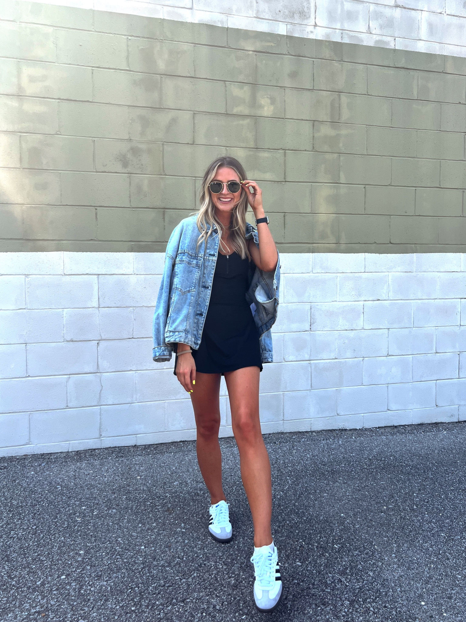 Travel outfit. Alo athletic dress. Adidas sambas. Free people denim jacket  

#LTKshoecrush #LTKtravel #LTKFind