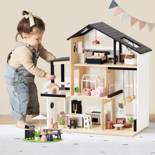 Tiny Land Doll House, Modern Family Dollhouse with Realistic Design, Wooden Dollhouse with 53Pcs Furniture - Ideal Gift for Kids Ages 3+ | Amazon (US)