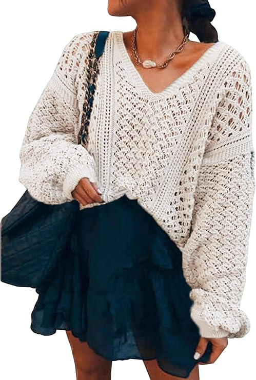 CCTOO Women's Sweaters Casual Oversized V Neck Off Shoulder Sexy Crochet Sweater Batwing Sleeve P... | Amazon (US)