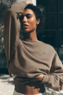 Alo YogaÂ® | Accolade Crewneck Neck Pullover Top in Gravel Beige, Size: Medium | Alo Yoga