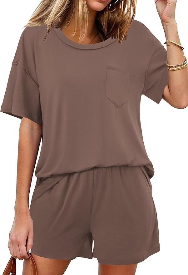 Ekouaer Women's 2 Piece Pajama Sets Short Sleeve Lounge Sets Soft Round Neck Top and Shorts Sleep... | Amazon (US)