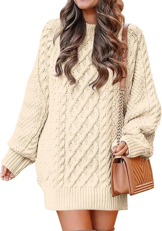 Nigaga Women Crewneck Long Sleeve Loose Oversized Cable Knit Chunky Pullover Short Sweater Dresse... | Amazon (US)