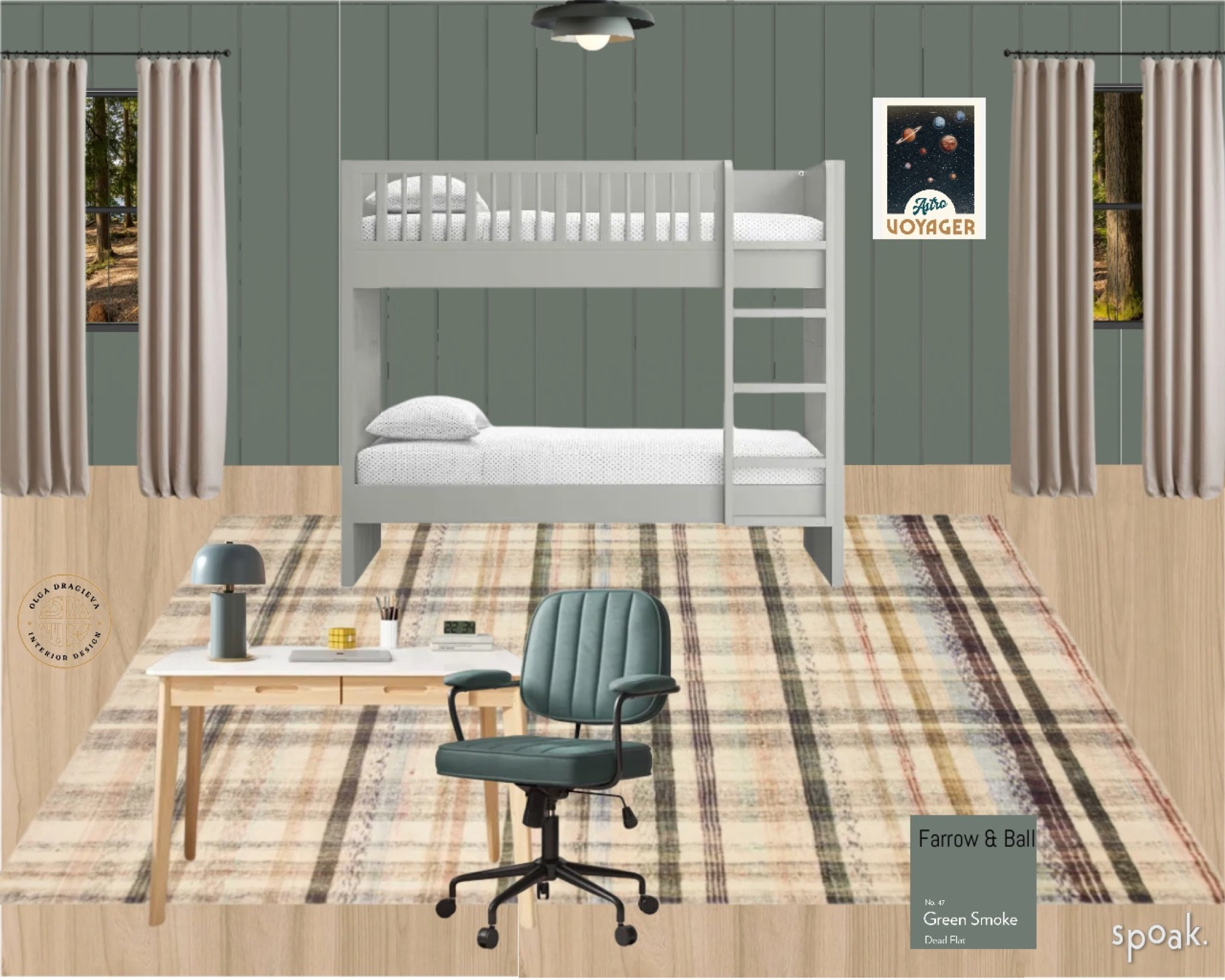 Fun kids bunk bedroom! I love the new bunk bed from Crate & Barrel, desk from Wayfair, green office chair from Wayfair and a plaid rug. The wall paint color is Smoke Green by Farrow & Ball. 