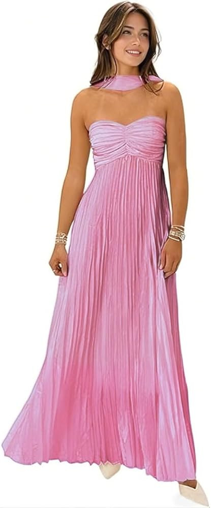 Women Bridesmaid Dress with Scarf Strapless Pleated Satin Flowy Formal Evening Gown Maxi Dresses | Amazon (US)