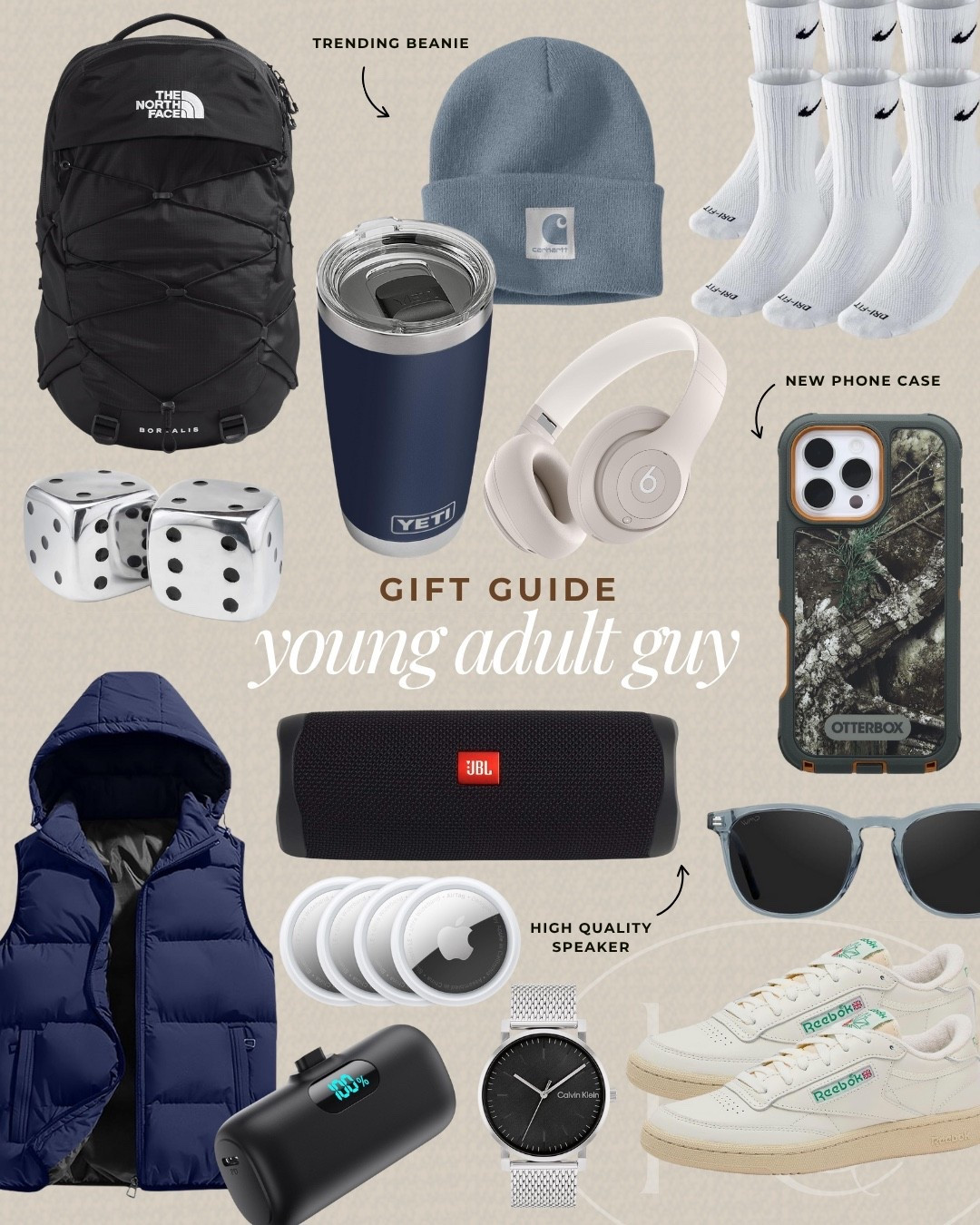 Gift ideas for the young adult guy in your life! Apple AirTags, a yeti cup, and pack of Nike socks are sure to get use all year long! Other great gifts are the puffer vest, portable charger, and JBL speaker! 

#LTKGiftGuide #LTKSeasonal #LTKHoliday