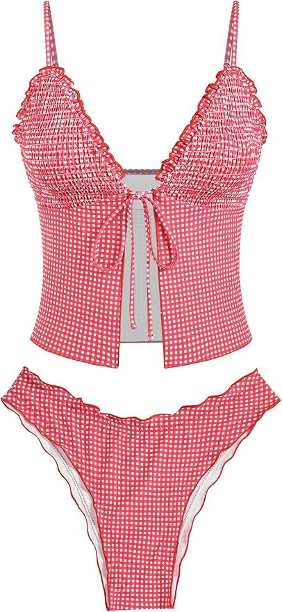 ZAFUL Tankini Swimsuits for Women Smocked Ruffles Tie Front Bowknot Textured High Cut Tanga Tanki... | Amazon (US)