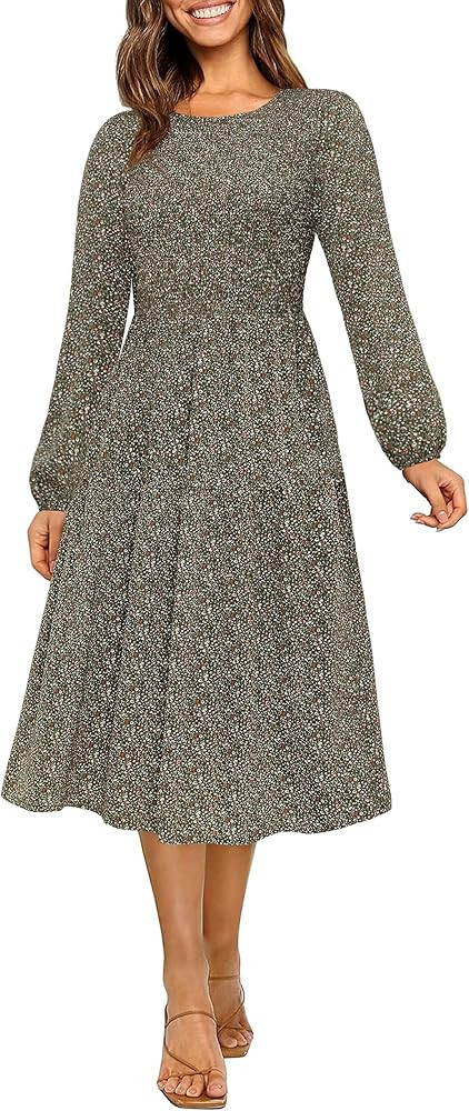 Ellakoko Women‘s Casual Long Sleeve Fall Smocked Midi Dress Crew Neck Floral Tiered Dress with ... | Amazon (US)