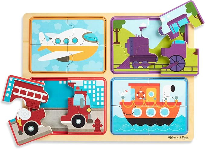 Melissa & Doug Natural Play Wooden Puzzle: Ready, Set, Go (Four 4-Piece Vehicle Puzzles) | Amazon (US)