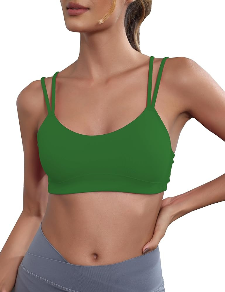 Yoga Sports Workout Bras for Women Seamless Molded Cup Spaghetti Double Strap Bra Wirefree Scoop ... | Amazon (US)
