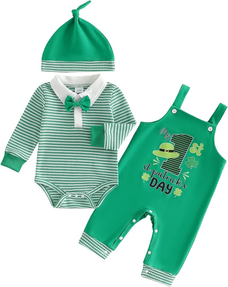Baby Boy Easter Outfit Newborn Stripe Romper+Bunny Overall Pants+Hat Infant Boys First Easter Out... | Amazon (US)