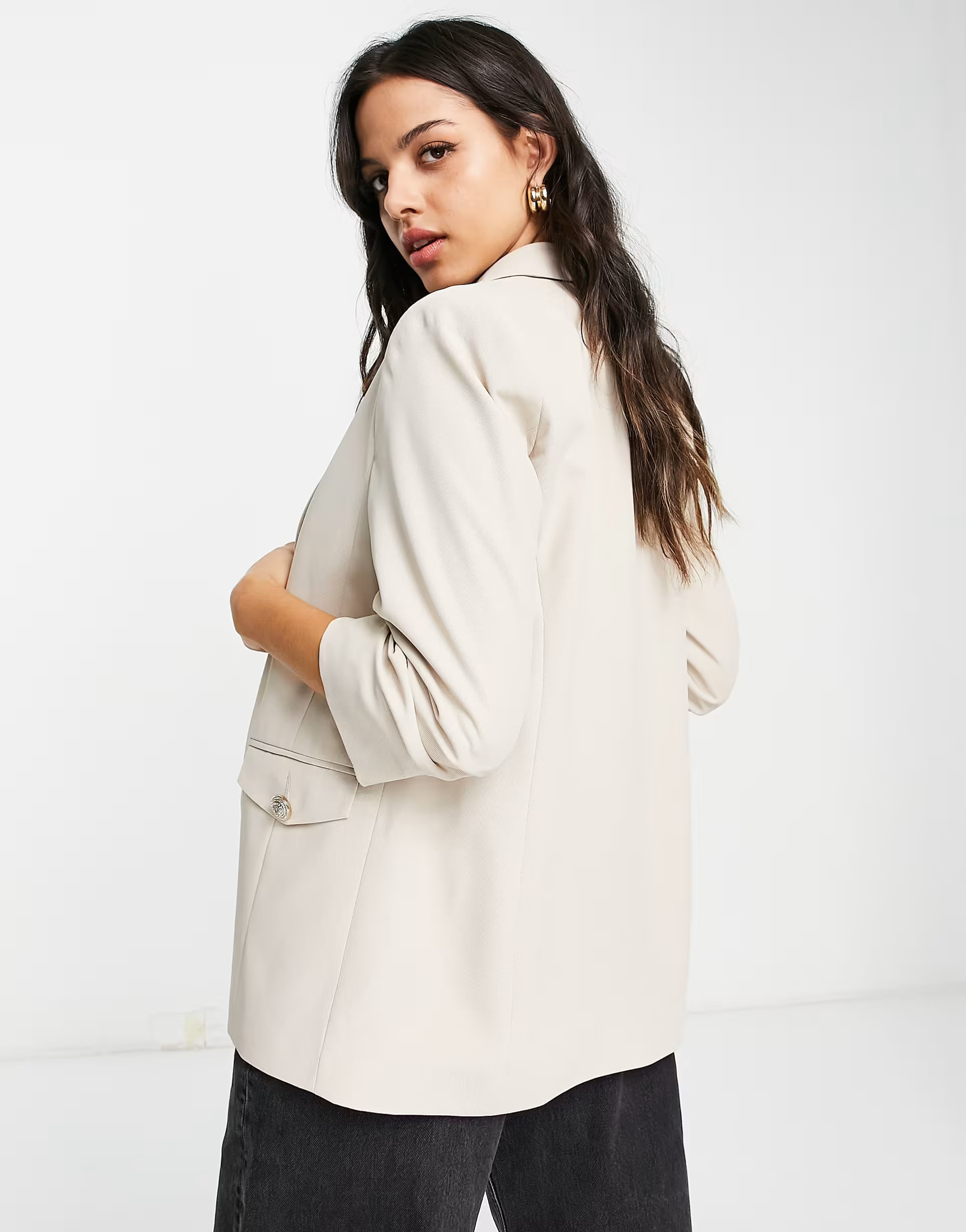River Island ruched sleeve blazer in beige | ASOS (Global)