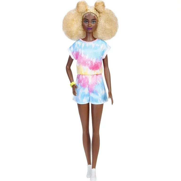 Barbie Fashionistas Doll #180, Tall with Blonde Afro in Tie-dye Romper, Sneakers & Bracelet | Walmart (US)