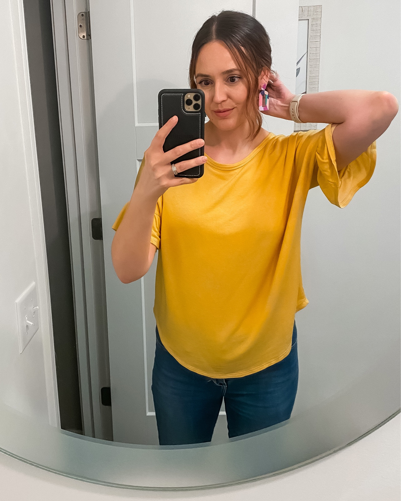Spring outfit. Yellow top. Ruffled top. Spring colors. Skinny jeans. Clay earrings. Spring style. Work outfit. Causal outfit. Teacher outfit. 

#LTKFind #LTKSale #LTKstyletip