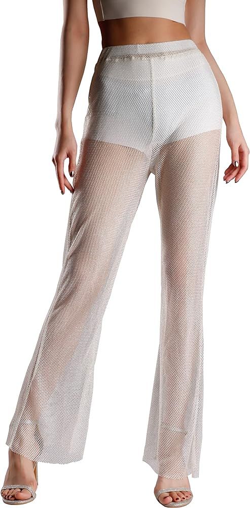 Anaely Sparkly Flare Pants Sexy Fishnet Sequin Bell Bottom Mesh See Through Disco Rave Festival O... | Amazon (US)