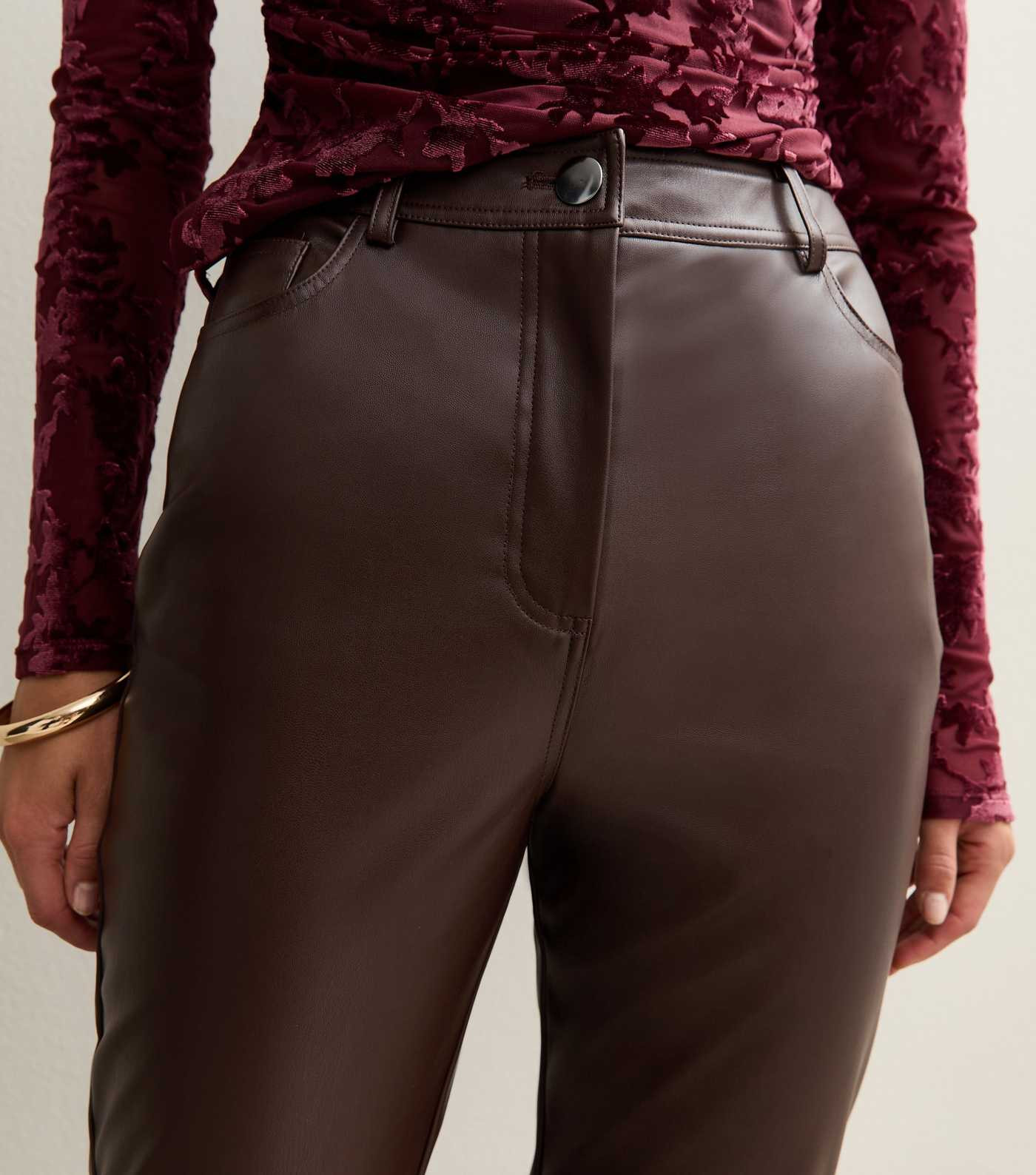 Dark Brown Faux Leather Straight Leg Trousers | New Look | New Look (UK)