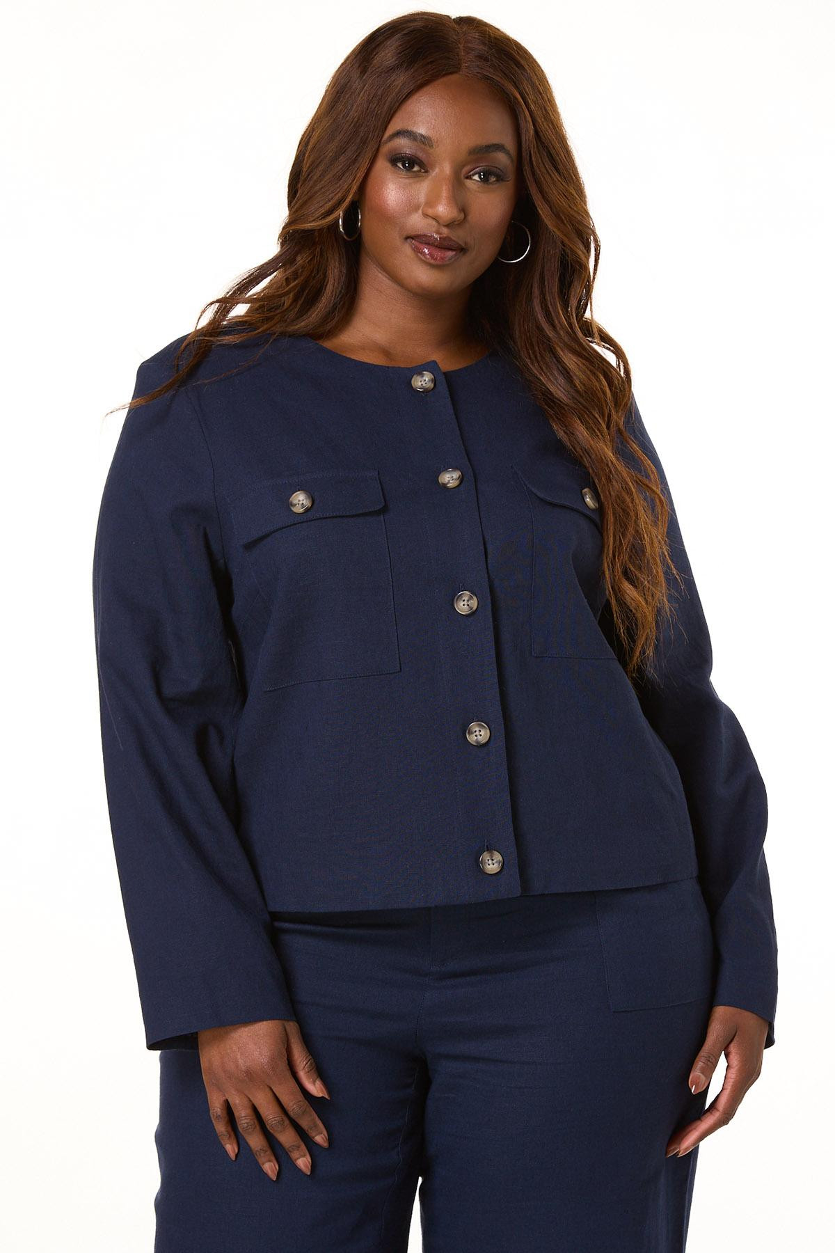 Plus Size Solid Collarless Linen Blazer | Cato Fashions