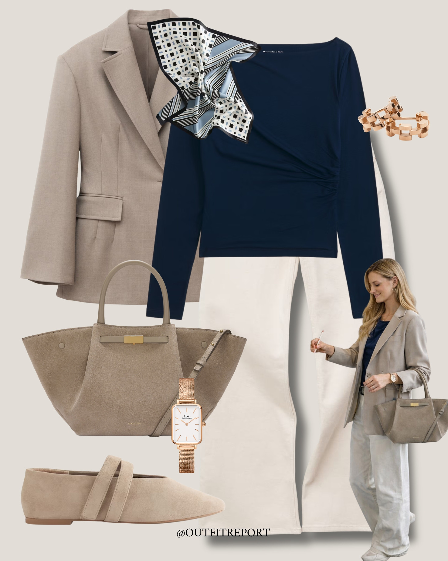 Outfit details for a spring outfit in white jeans navy top beige blazer demellier handbag and ballerina flats 

#LTKspring #LTKjeans #LTKspringtrends