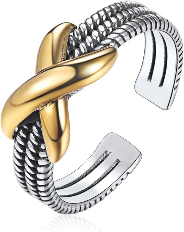 ChicSilver Retro Cuban Link Chain/Criss Cross Rings 925 Sterling Silver and Brass Oxidized Ring O... | Amazon (US)