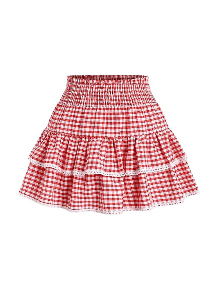 Women's Y2K Gingham Skirt Plaid Ruffle High Waist A-Line Cake Mini Skirts with Lace Hem | Amazon (US)