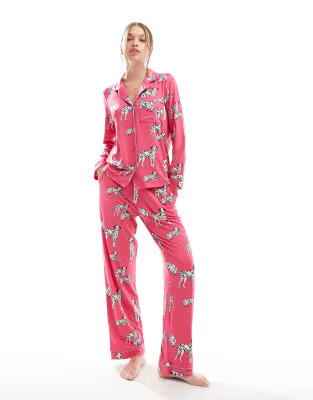 Chelsea Peers Exclusive jersey dalmatian print button top and pants pajama set in hot pink | ASOS (Global)