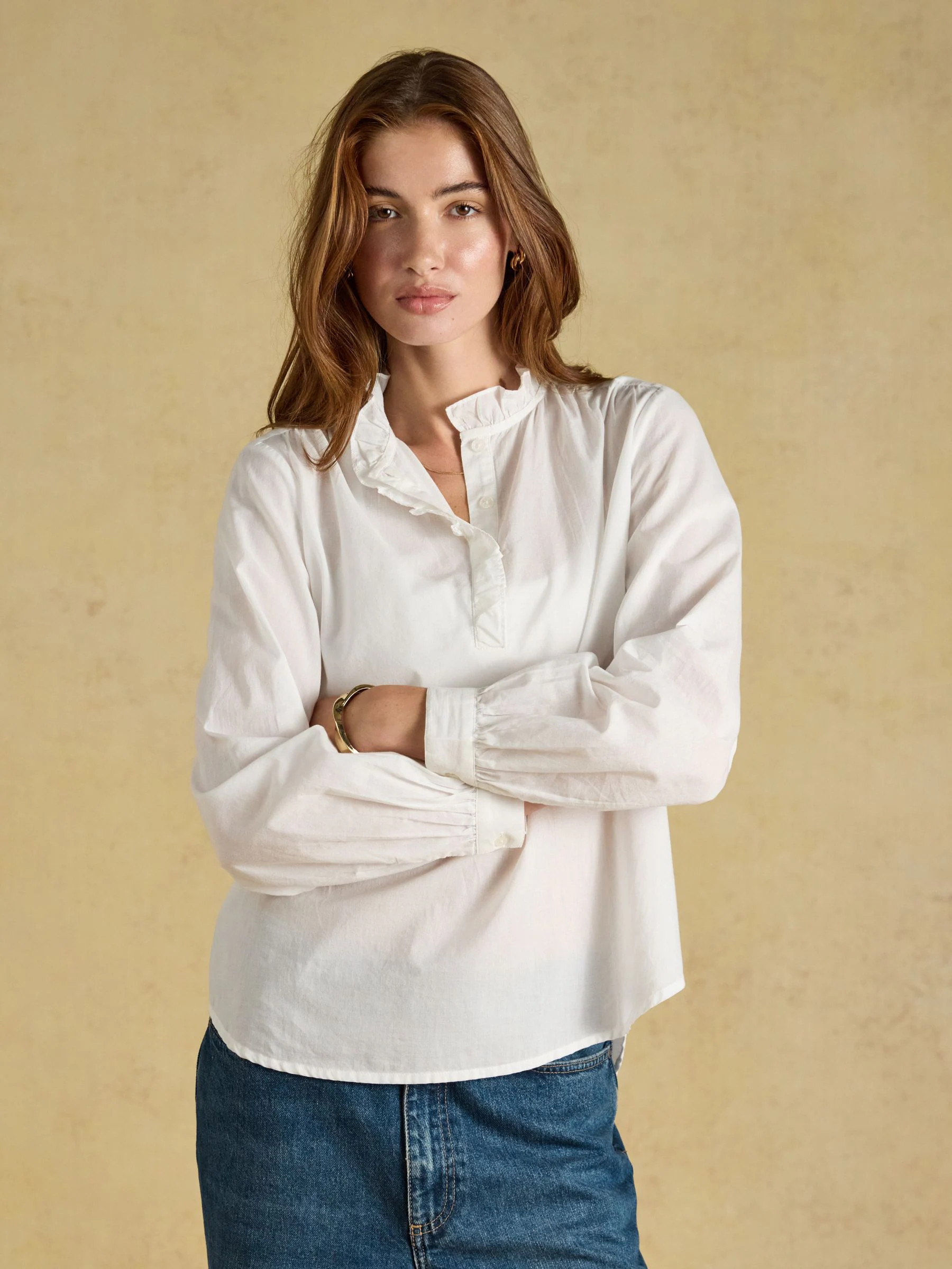 Joules Melanie White Long Sleeve Blouse With Ruffle Neck | Joules