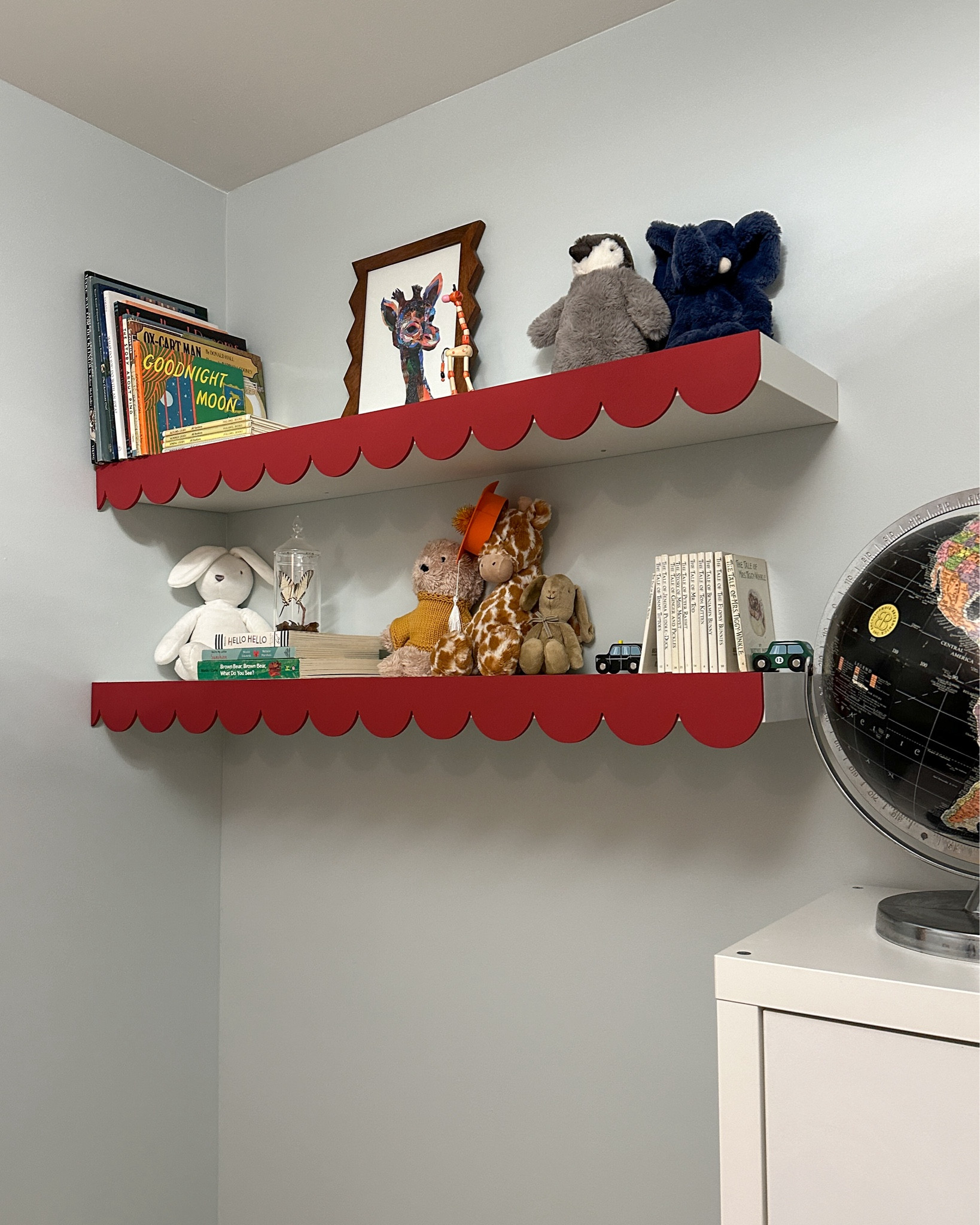 Here’s everything you need to create these scalloped shelves! It’s such an easy DIY, and I love the playful custom detail and pop of color it’s added to my son’s nursery. 

Note: I used IKEA’s Lack shelves 43”, but here’s another option from Amazon. 

#LTKhome
