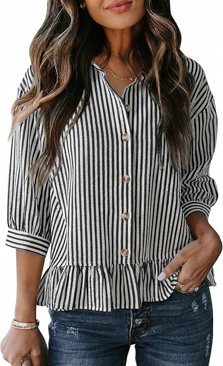Dokotoo Cropped Button Down Striped Shirt 3/4 Length Sleeve Womens Tops Dressy Casual Blouses Bab... | Amazon (US)