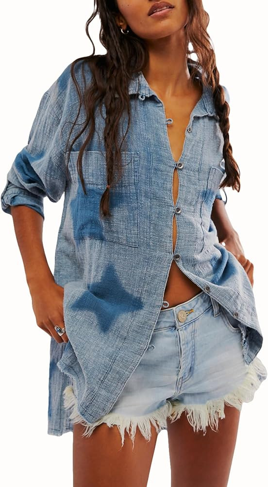 SCOFEEL Women'S Casual Button Down Shirt Stars Side Slit Collared Shirt Long Sleeves Lightweight ... | Amazon (US)