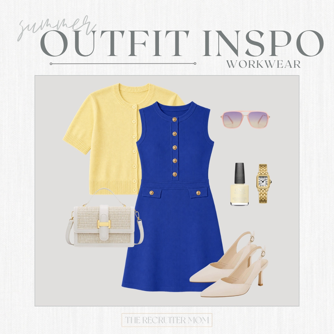 Colorful workwear moment with a bright blue dress, soft yellow cardigan, and neutral heels 💙 

 #LTKfashion

#LTKWorkwear #LTKSeasonal #LTKMidsize #LTKWorkwear