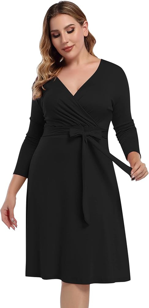 AMZ PLUS Womens V-Neck 3/4 Sleeve A Line Midi Faux Wrap Plus Size Cocktail Party Swing Dress | Amazon (US)