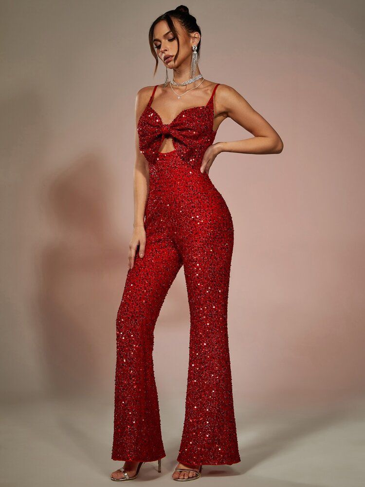 Cut Out Bow Front Sequin Cami Jumpsuit | SHEIN