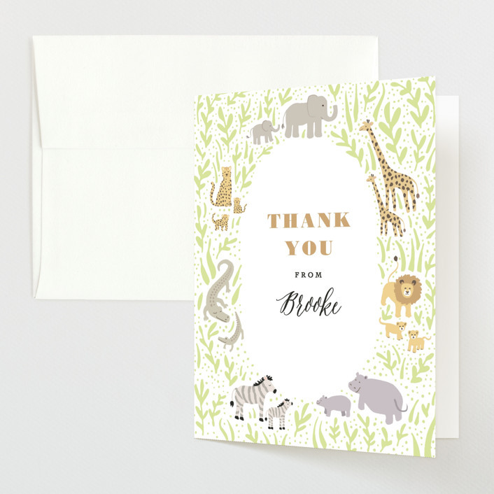 "Savannah animals" - Customizable Baby Shower Thank You Cards in Green by Jennifer Wick. | Minted