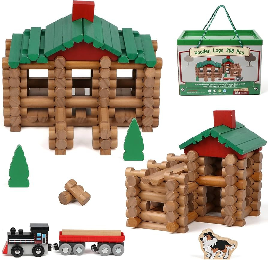 Wondertoys 208 Pcs Wooden Log Set Real Wood Logs Classic Building Log Ages 3+ Best Retro Building... | Amazon (US)