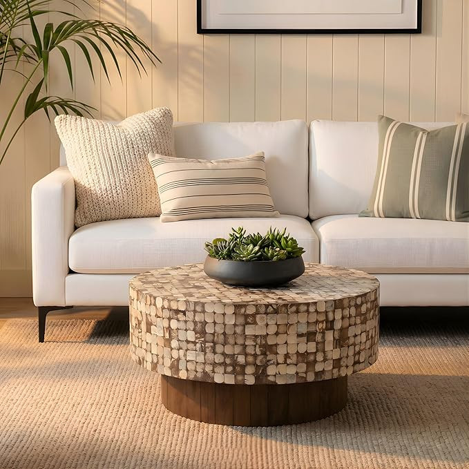 East at Main Mila Brown Coffee Table – Round Boho Pedestal Table with Coconut Shell Inlay & Woo... | Amazon (US)