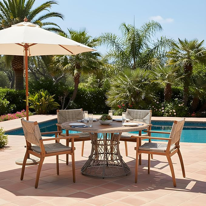 Merax 5-Piece Outdoor Dining Set, 47.24'' Round Acacia Wood Table & 4 Wicker Armchairs, Patio Fur... | Amazon (US)