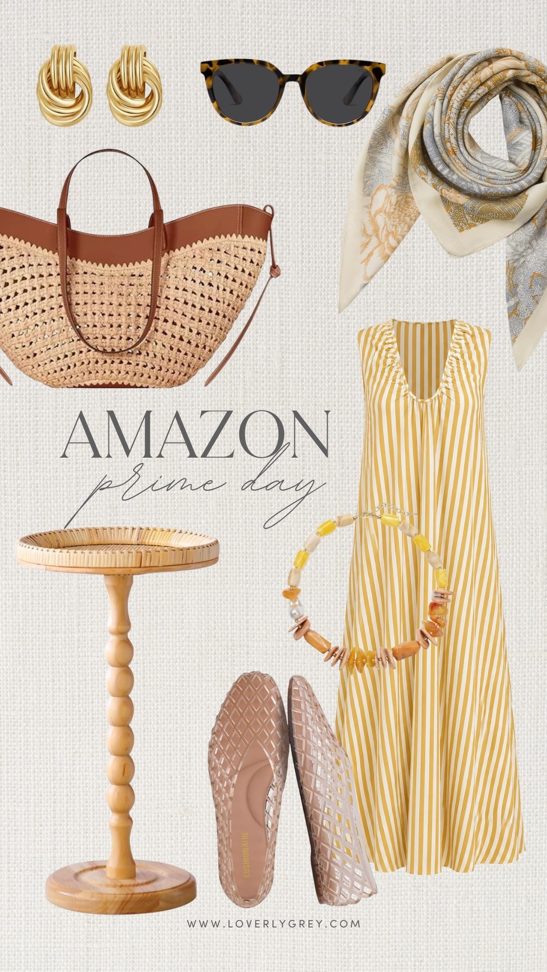 Completely obsessed with these warm yellow and neutral Prime Day finds! From the perfect striped summer dress to chic woven accessories, these top-rated pieces are an absolute must-have while on sale. Loverly grey, Amazon Prime Day, yellow striped dress, woven tote bag, tortoise sunglasses, neutral patterned scarf, gold statement earrings, beaded necklace, woven flats, wood accent table, summer vacation outfit

#LTKgrwm #LTKSaleAlert #LTKSeasonal