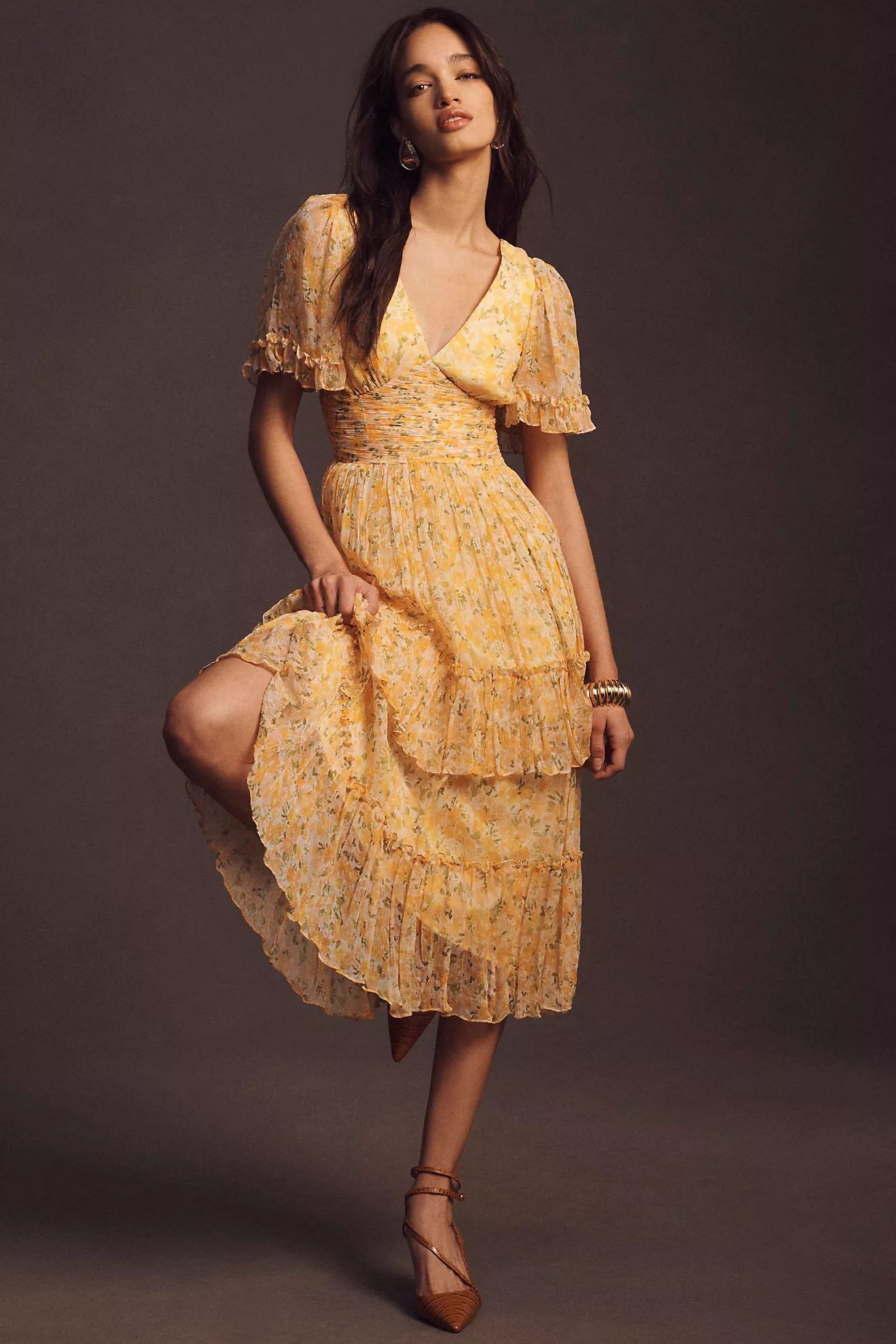 BHLDN Naomi Short-Sleeve V-Neck Midi Dress | Anthropologie (US)