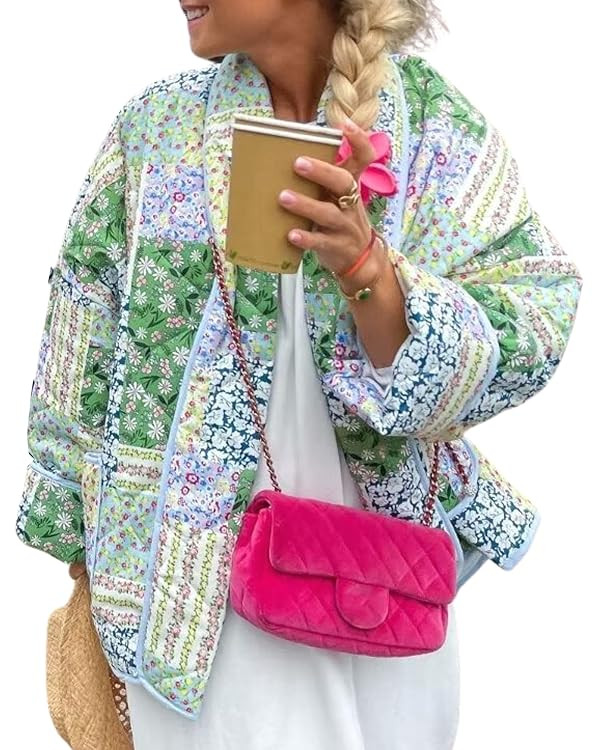 Womens Cropped Quilted Lightweight Jackets Floral Printed Open Front Puffer Coat Cardigan | Amazon (US)