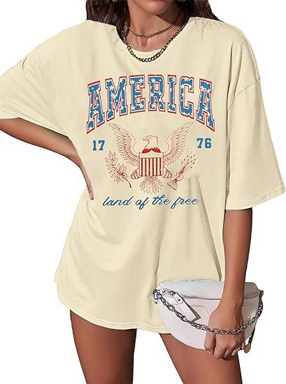 ASTANFY 1776 America Shirt Oversized Tshirts: Womens 4th of July Shirts Retro Eagles Band Tees Pa... | Amazon (US)