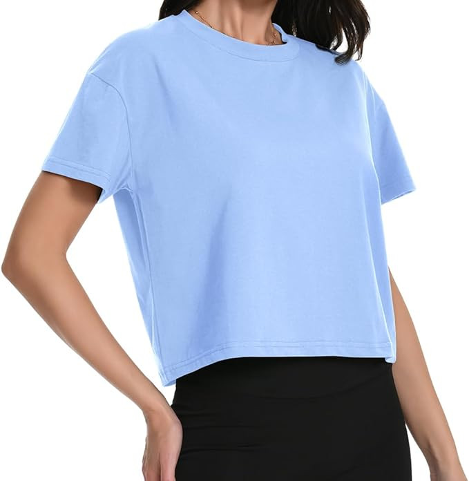 Women Workout Crop Tops Oversized T-Shirts Cotton Short Sleeve Boxy Shirts | Breathable Cotton Bl... | Amazon (US)