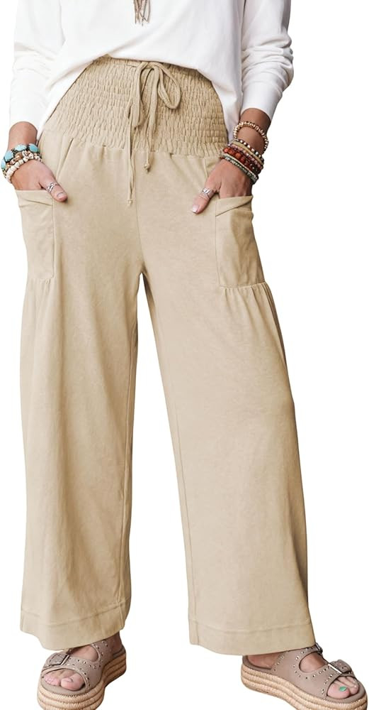 Athlisan Baggy Wide Leg Sweatpants Casual Loose Smocked High Waist Palazzo Pants Lounge Trousers ... | Amazon (US)