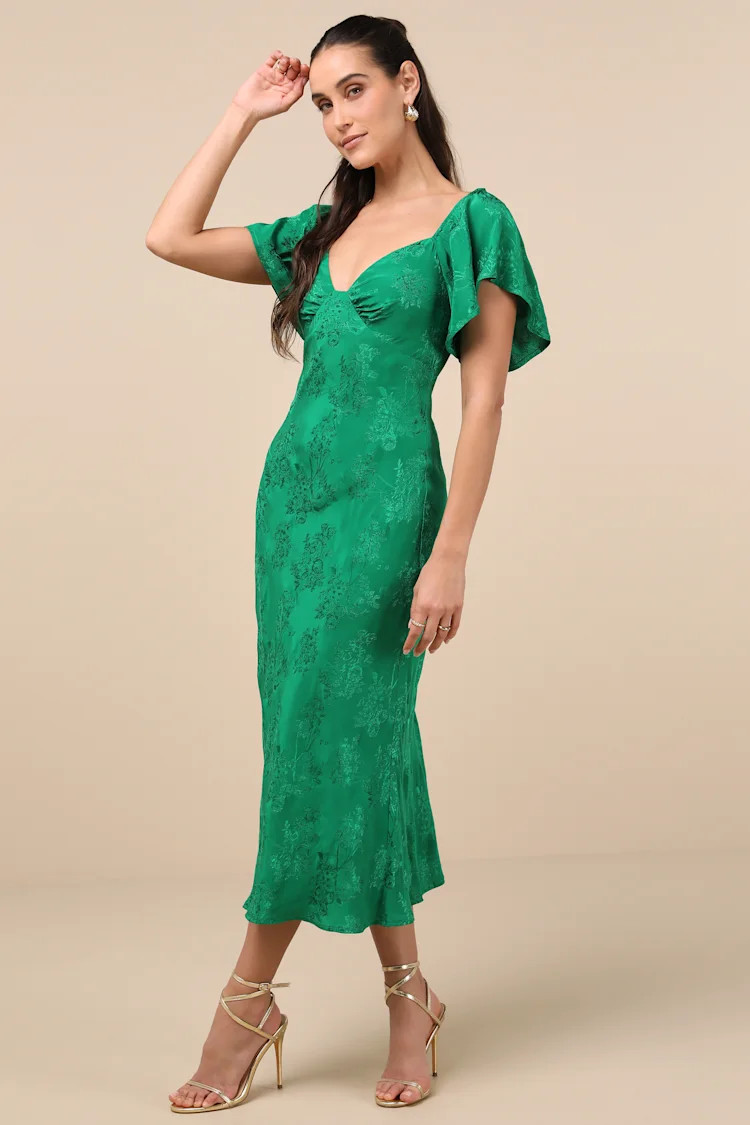 Effervescent Afternoon Green Satin Flutter Sleeve Midi Dress | Lulus