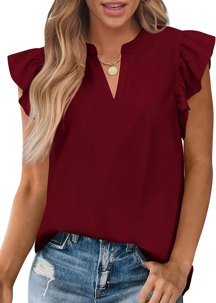 Zenlonr Womens Summer Tops 2026 Casual V Neck Ruffle Cap Sleeve Blouse Shirts Solid Color Tunic T... | Amazon (US)