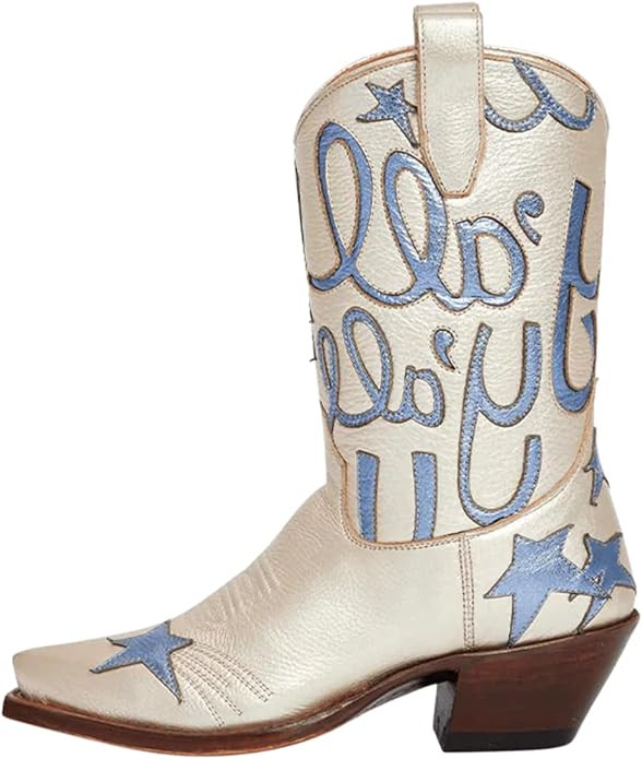 Western Boots For Women Embroidered Star Pointed Toe Cowgirl Boots Chunky Heel Cowboy Boots Pull ... | Amazon (US)