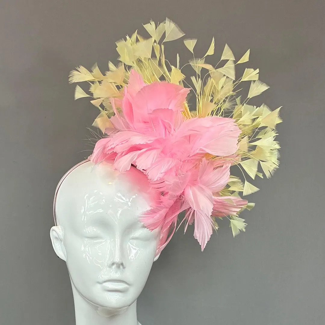 Kentucky Derby Fascinator Hat | Pink and Yellow Feathered Headband Hat | Derbyologie - Etsy | Etsy (US)